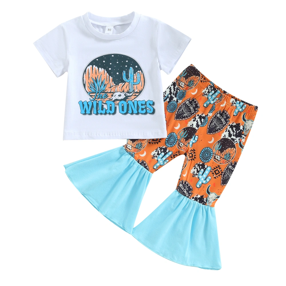 Girls Pants Set, Letters Print T-shirt + Cow Print Flare Pants