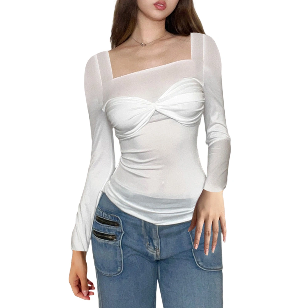 Women's Spring Autumn White Long Sleeve Square Neck Ruched Blouse