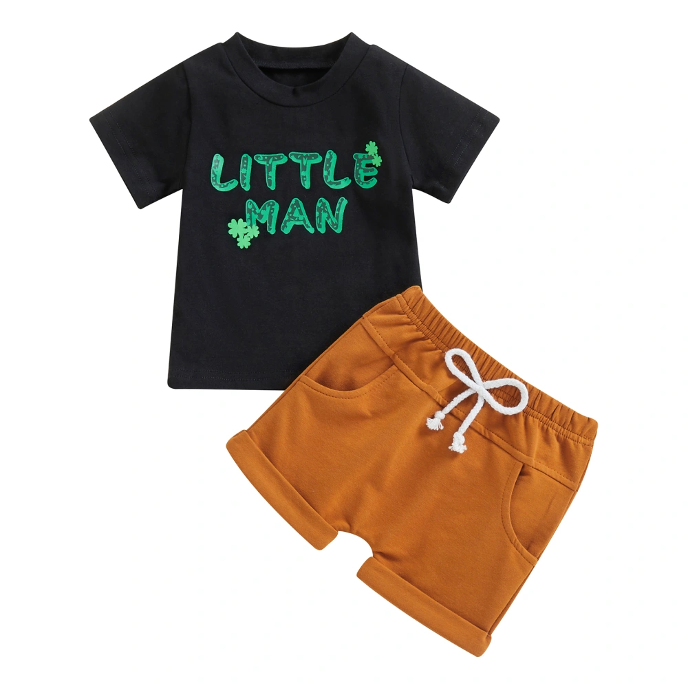 Boy Short Sleeve Letter Clover Print T-Shirt + Elastic Waist Shorts