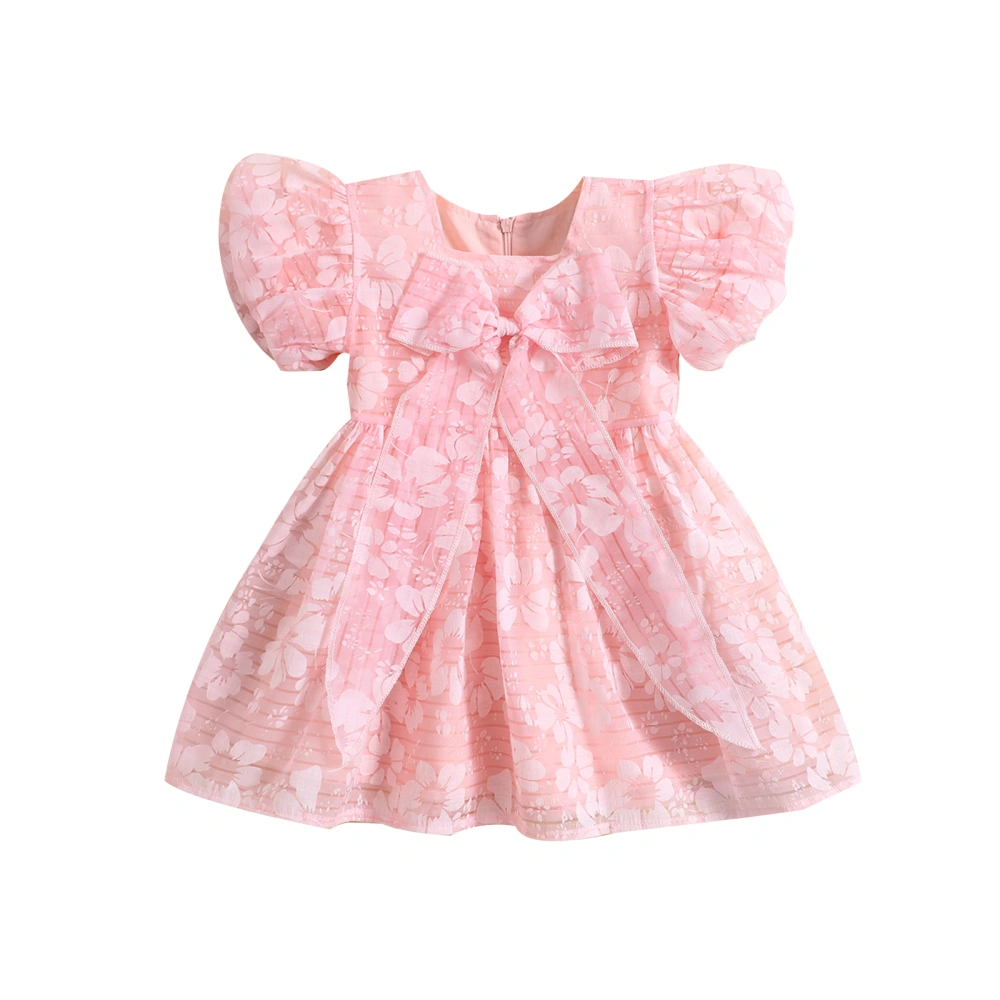 Kids Girl’s Dress, Short Sleeve Bow Flower Print Summer A-line Dress