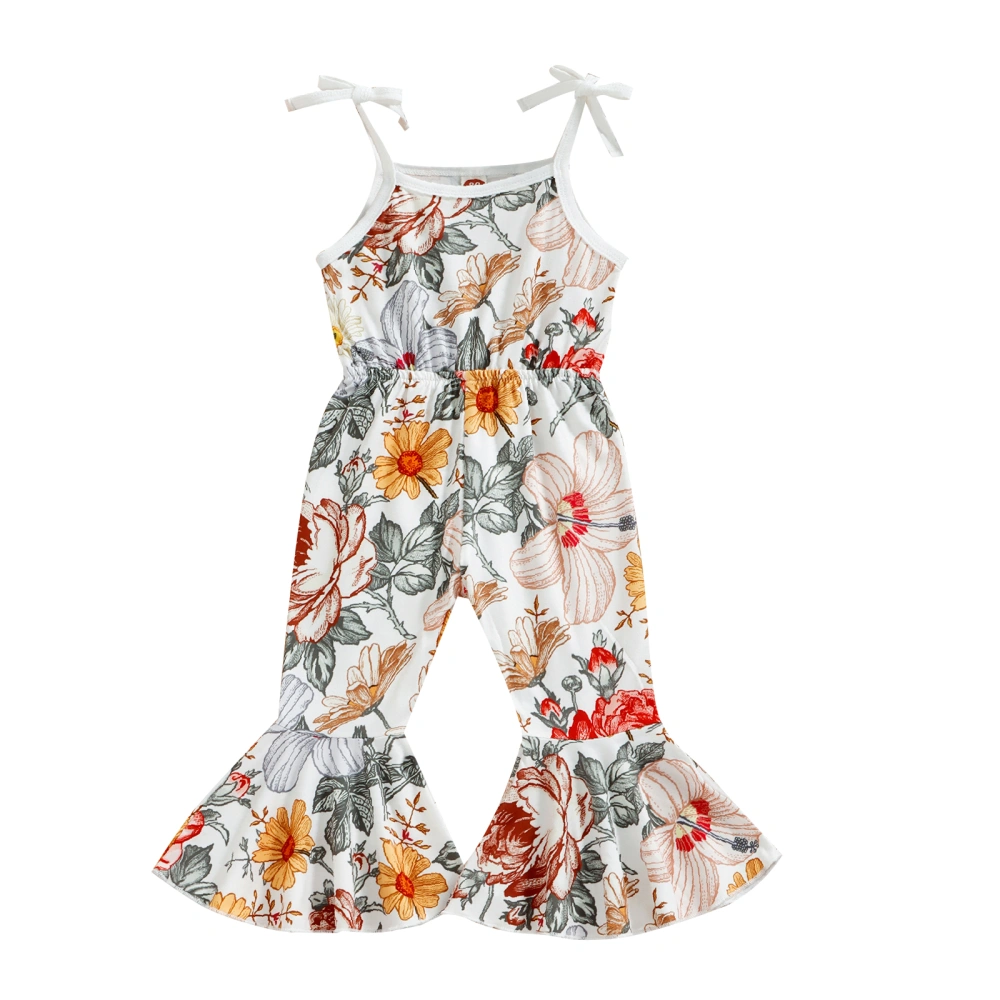 Toddler Girls Jumpsuit Suspender Floral Printed Long Flared Playsuit