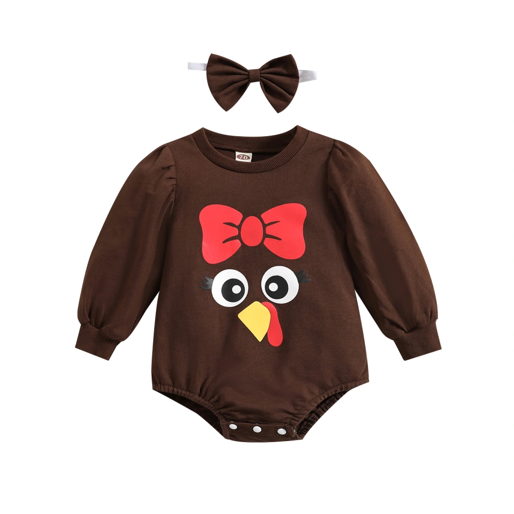 Infant Baby Long Sleeve Turkey/Letter Print Jumpsuit + Bow Headband