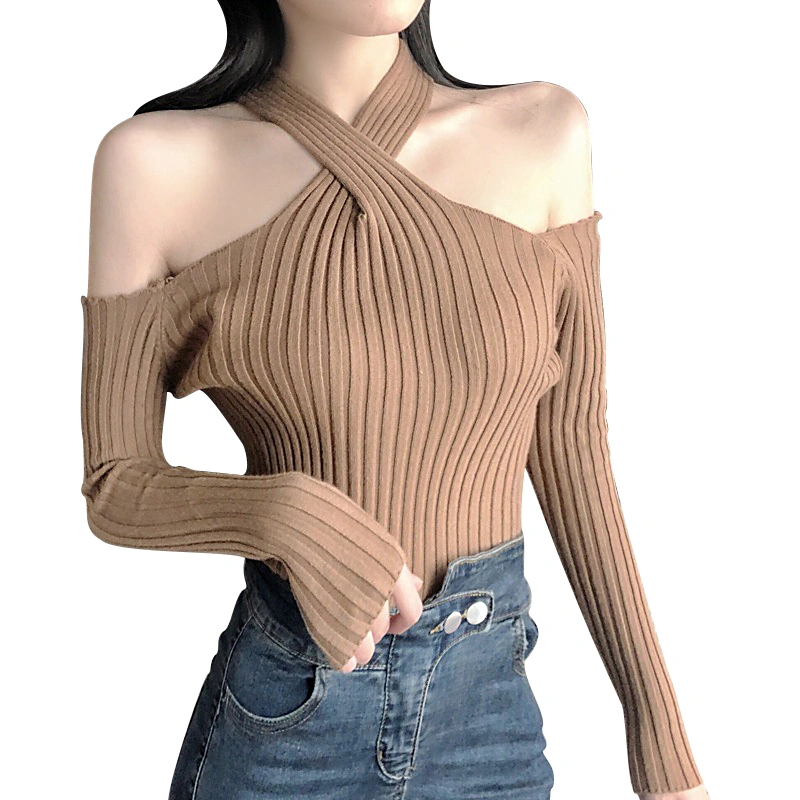 Women's Sexy Knitwear, Cross Halter Neck Ribbed Knit Pullover