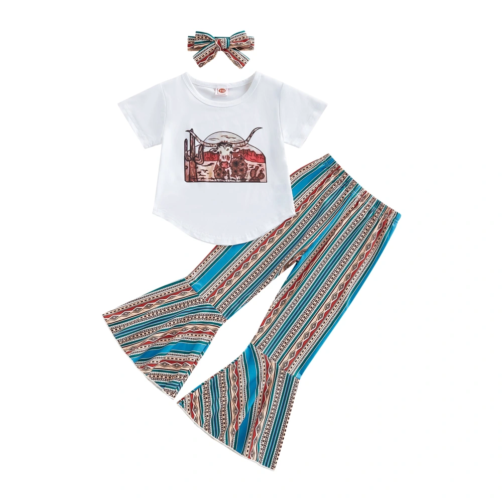 Kids Girls Summer Outfits T-Shirt and Striped Flare Pants Headbands 