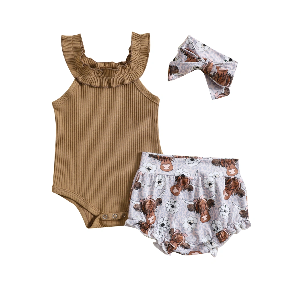 Baby Solid Color Romper and Floral Cattle Head Shorts Headband Sets