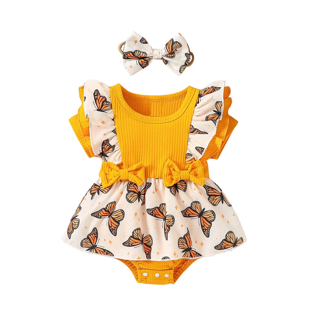 Baby Girls Romper Set Short Sleeve Bow Butterfly Print Dress Headband