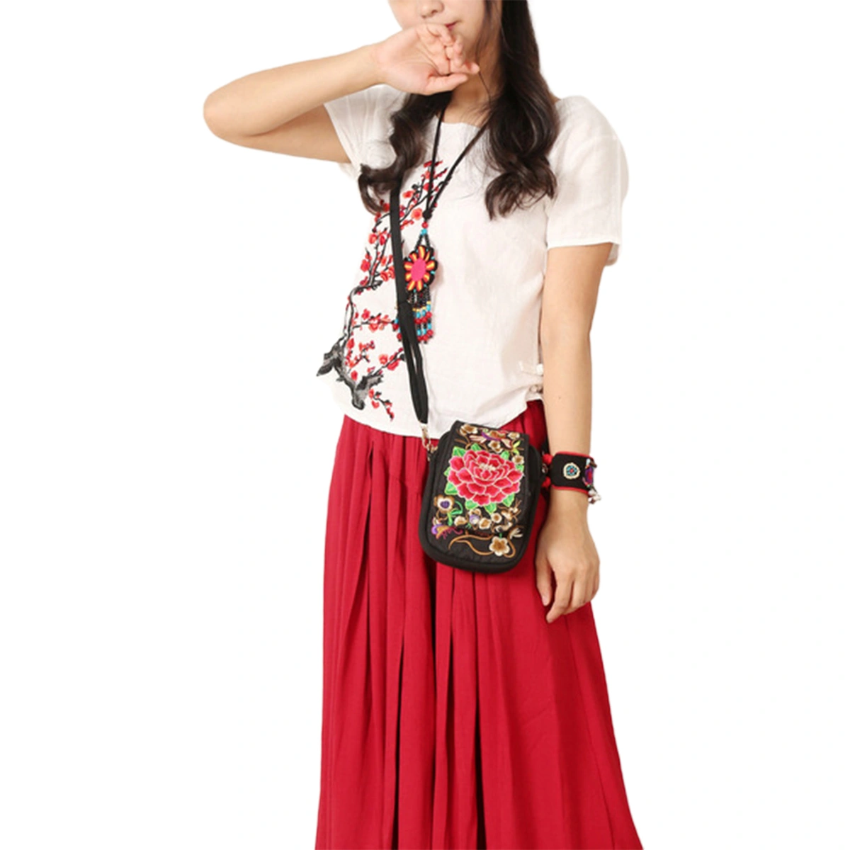 Women Cross Body Bag Retro Embroidery Flowers Patterns Adjustable Straps Bag