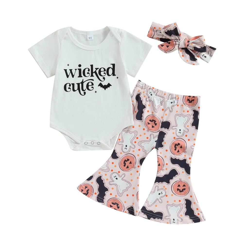 Infant Girl Letter Short Sleeve Romper Pumpkin Flare Pants Headband