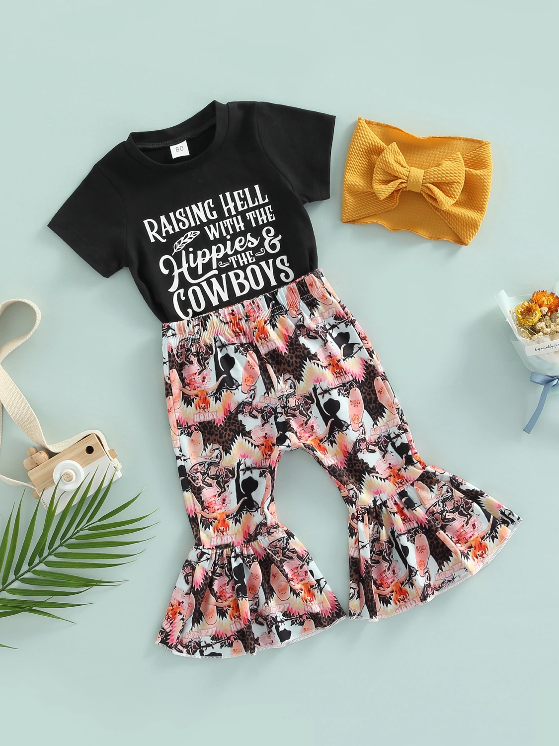 Baby Girls Round Neck Tops + Bell-Bottoms Long Pants + Headband 