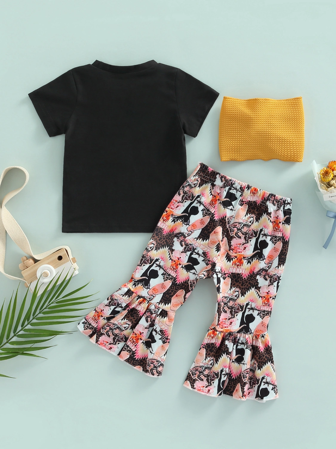 Baby Girls Round Neck Tops + Bell-Bottoms Long Pants + Headband 