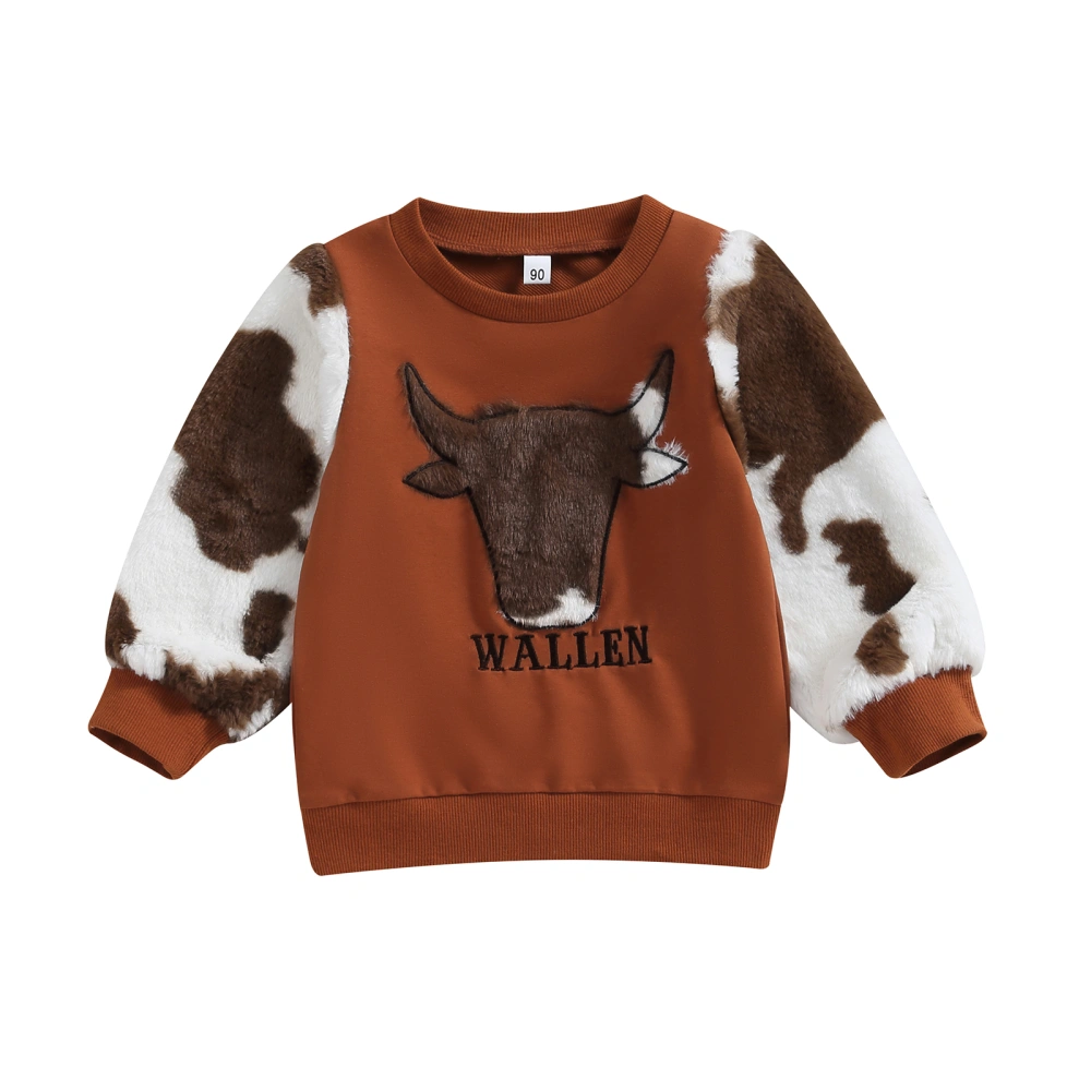 Kids Boys Sweatshirt, Long Sleeve Embroidery Cow Head Letters Hoodie