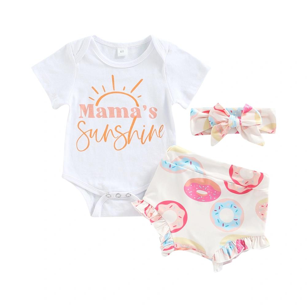 Infant Girls Short Sleeve Romper, Doughnut Print Shorts and Headdress