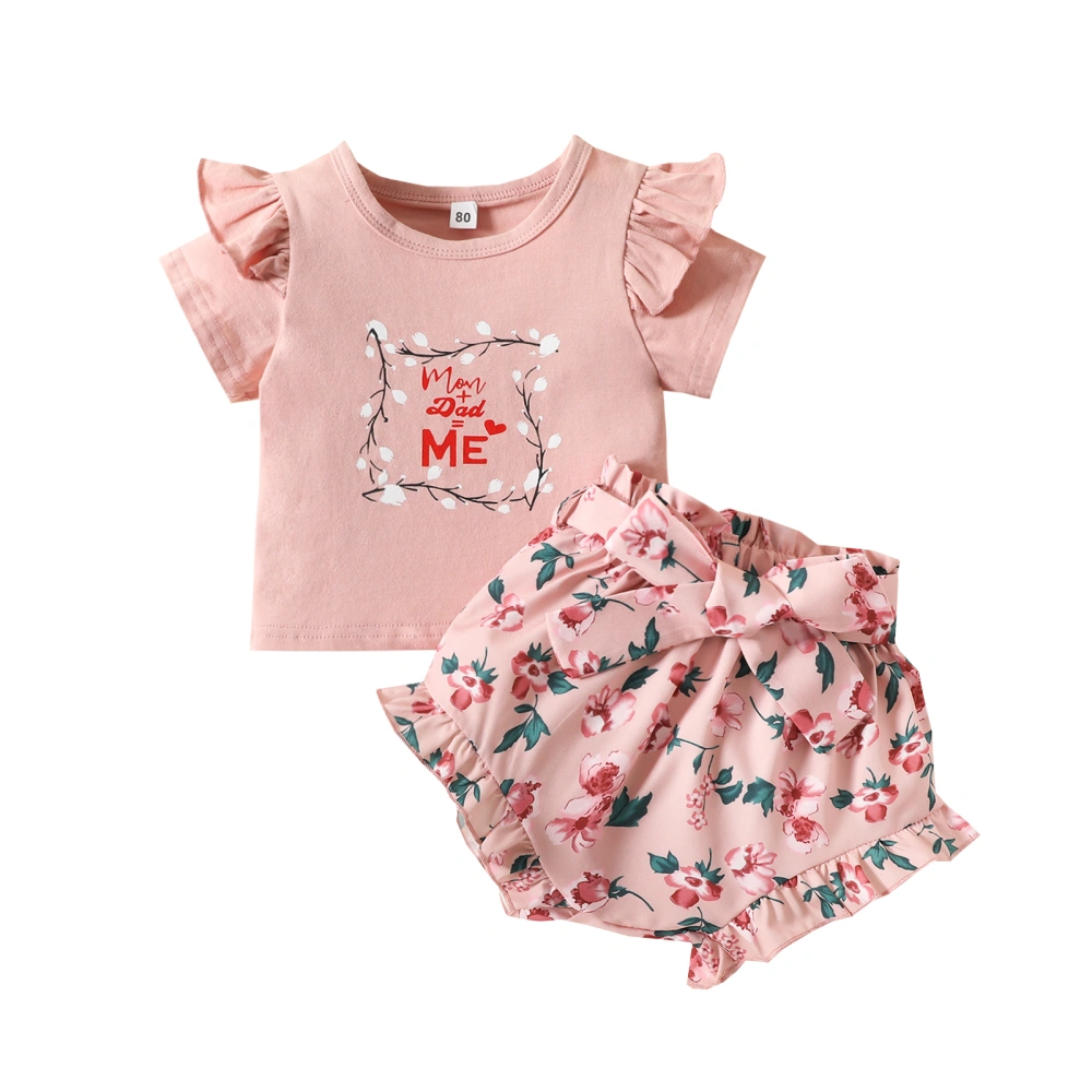 Baby Shorts Letter Ruffle Trim Short Sleeve Tops + Floral Shorts with Belt