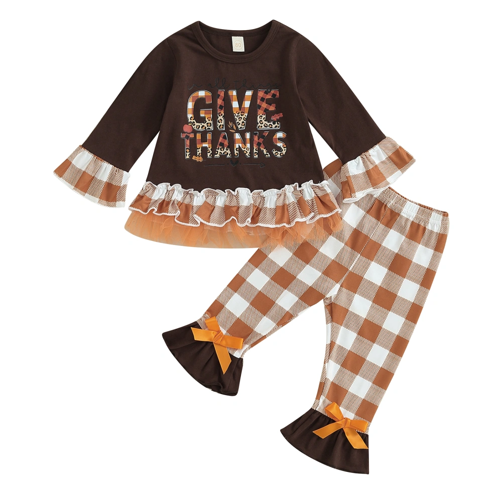 Girls Pants Set, Long Sleeve Letters Patchwork T-shirt Plaid Pants