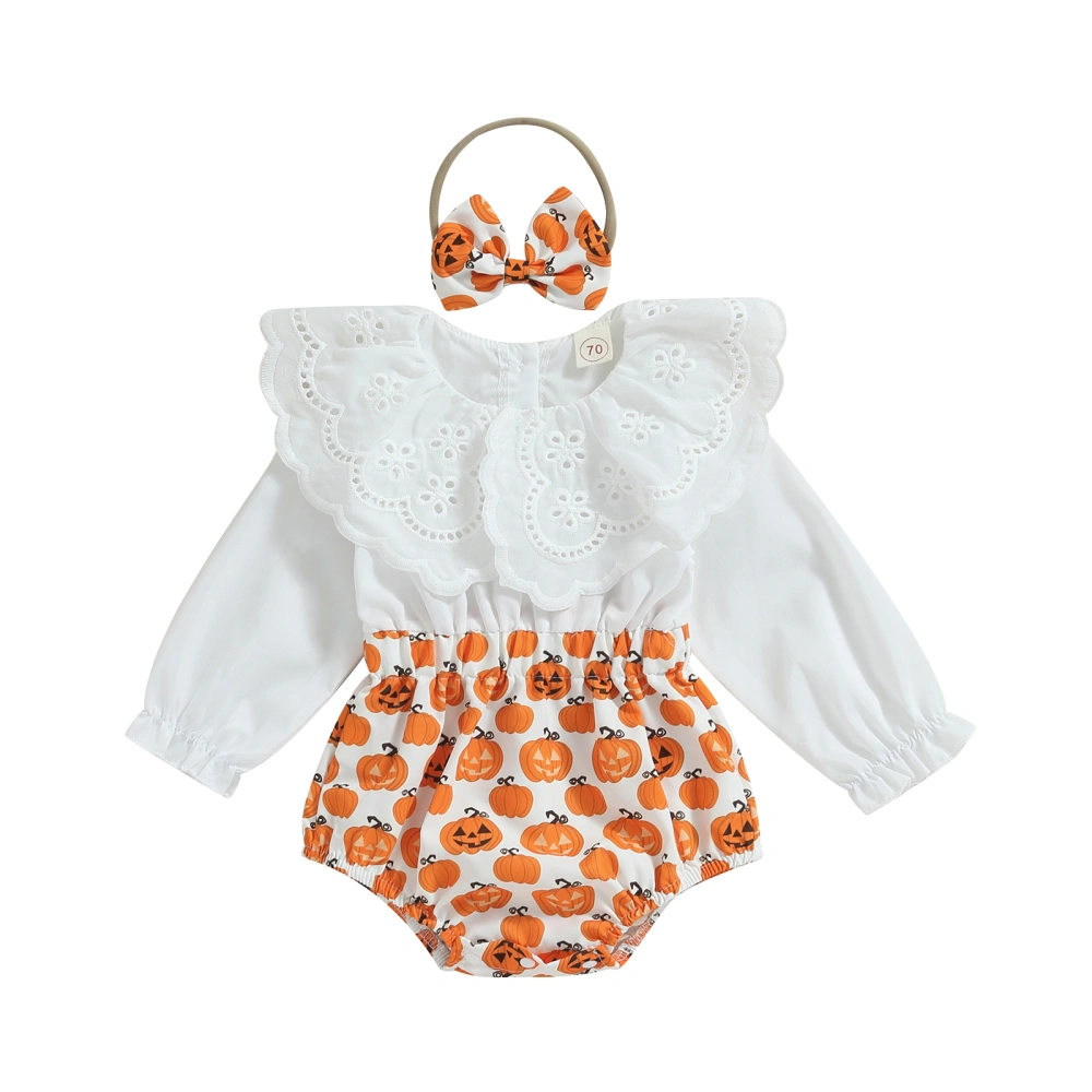 Newborn Girl Halloween Outfit Pumpkin Print Patchwork Romper Hairband