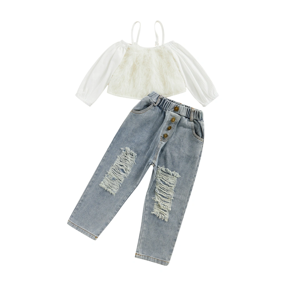 Girls Solid Color Fluffy Tops and Elastic Waist Ripped Jeans