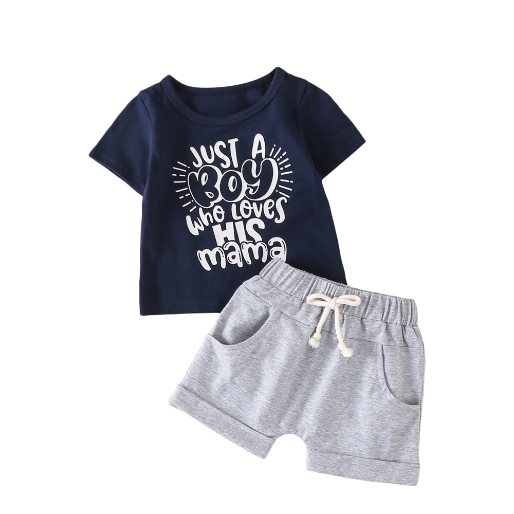 Boys Short Sleeve Letter Print Tops + Solid Color Drawstring Shorts