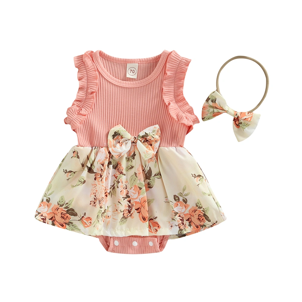 Baby Girls Romper, Sleeveless Crew Floral Dress-Like Romper + Headband