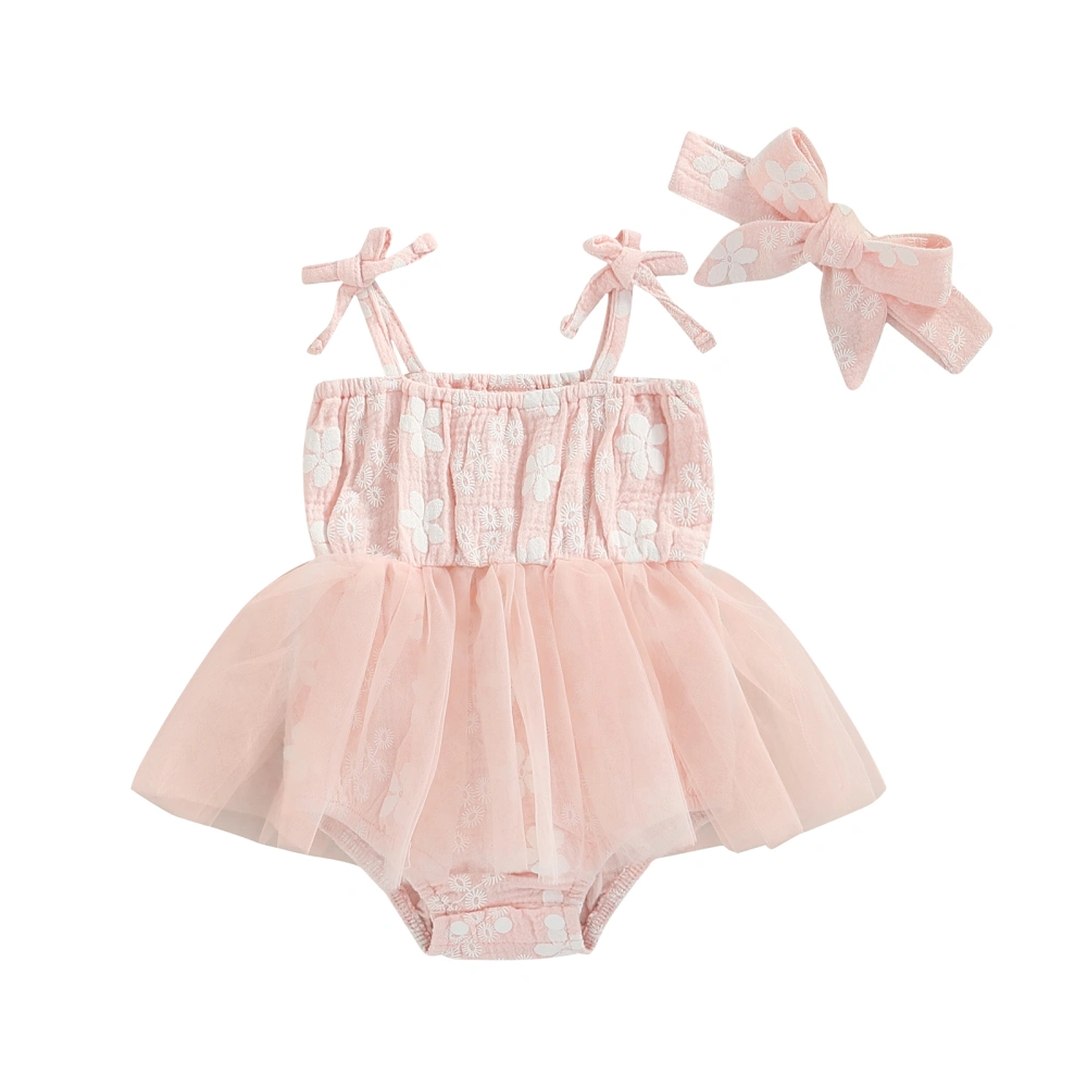 Baby Girl Tie-Up Floral Print Tulle Skirt Hem Romper + Bow Headband