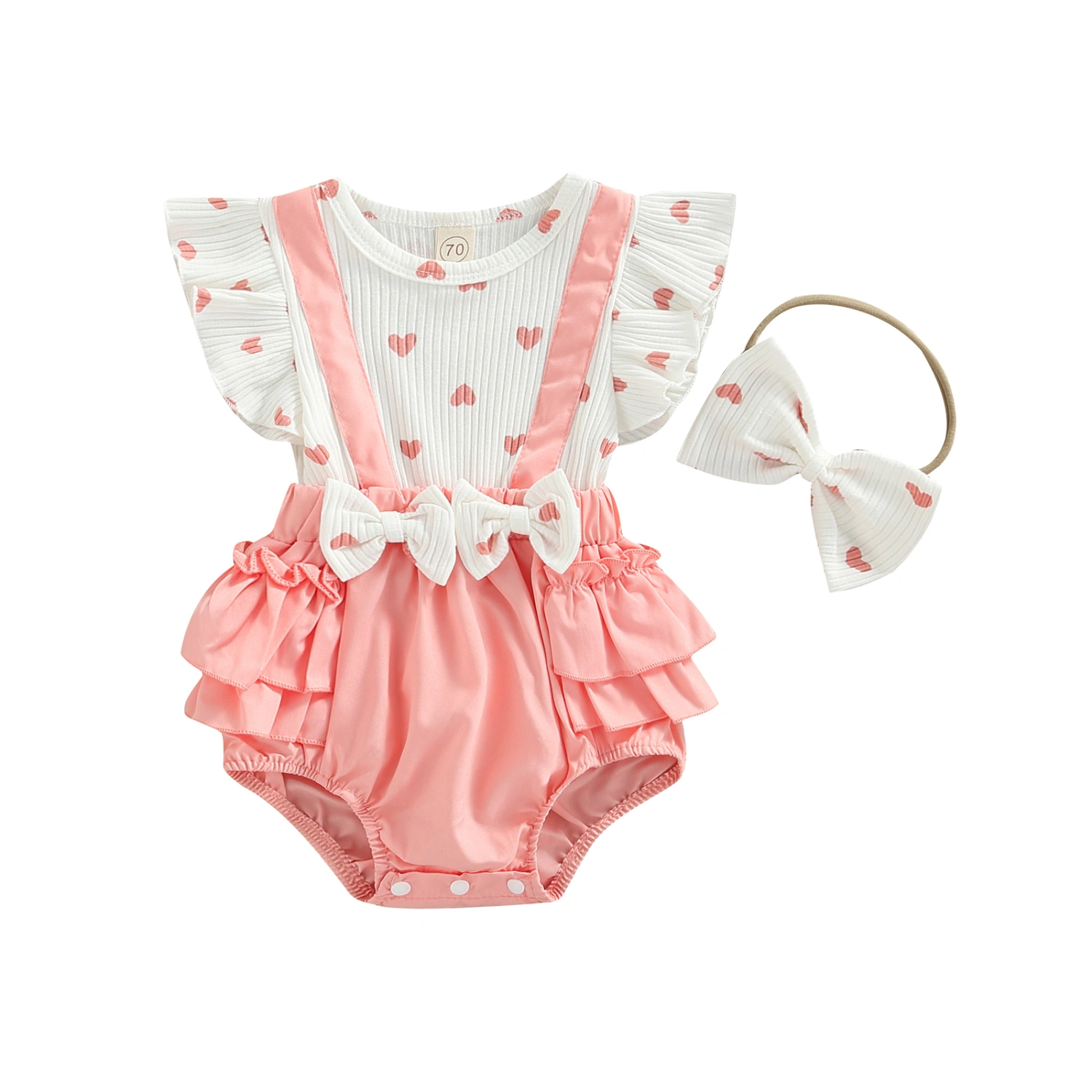 Infant Girls Layette, Fake Two Pieces Romper and Bow Knot Headdress
