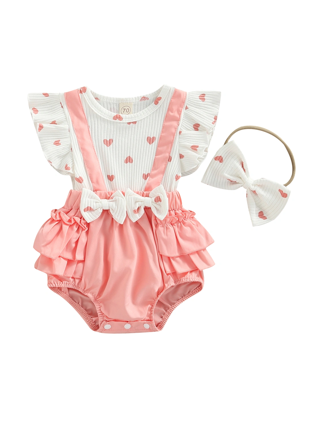 Infant Girls Layette, Fake Two Pieces Romper and Bow Knot Headdress