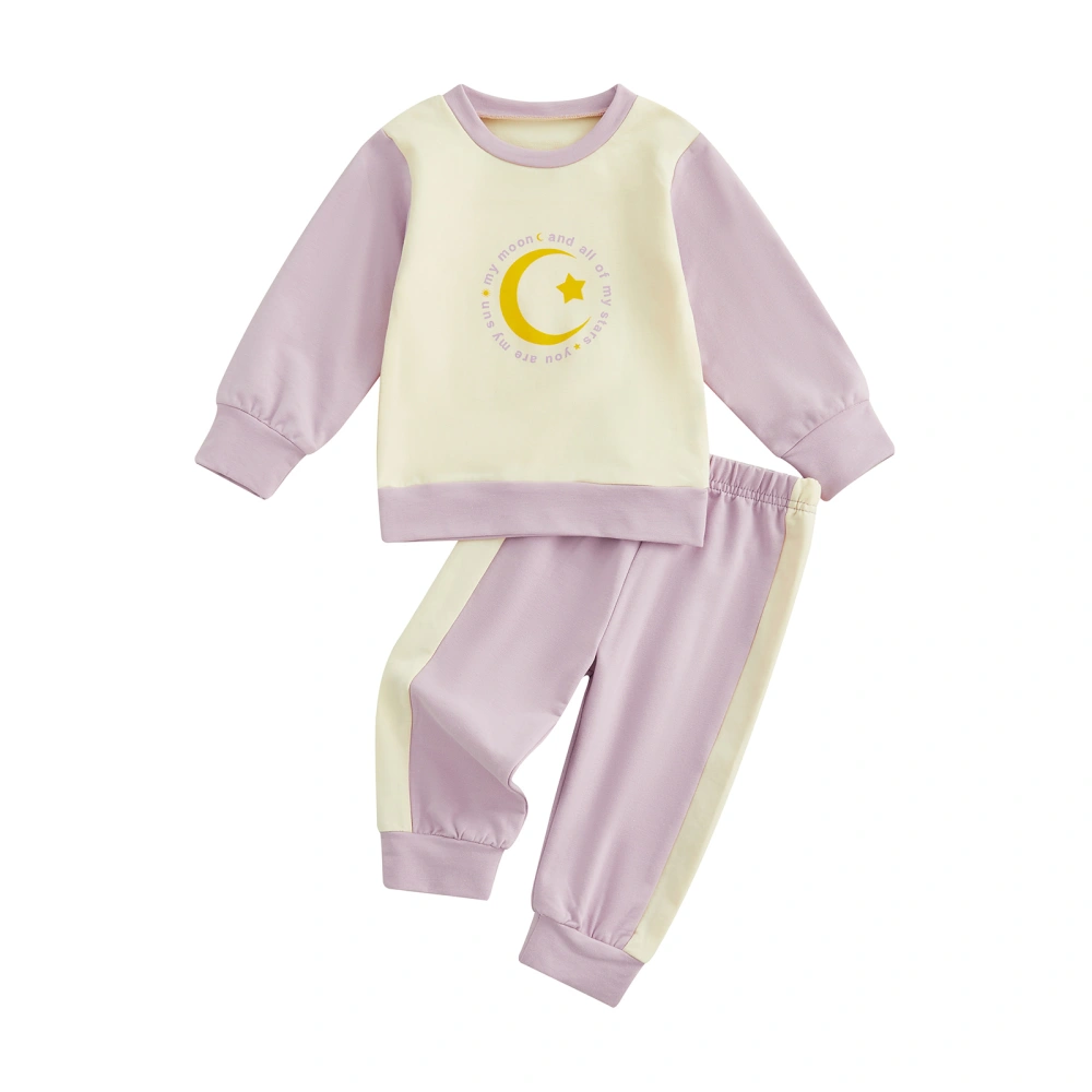 Girls Long Sleeve Star Moon Print Pullover + Patchwork Pants