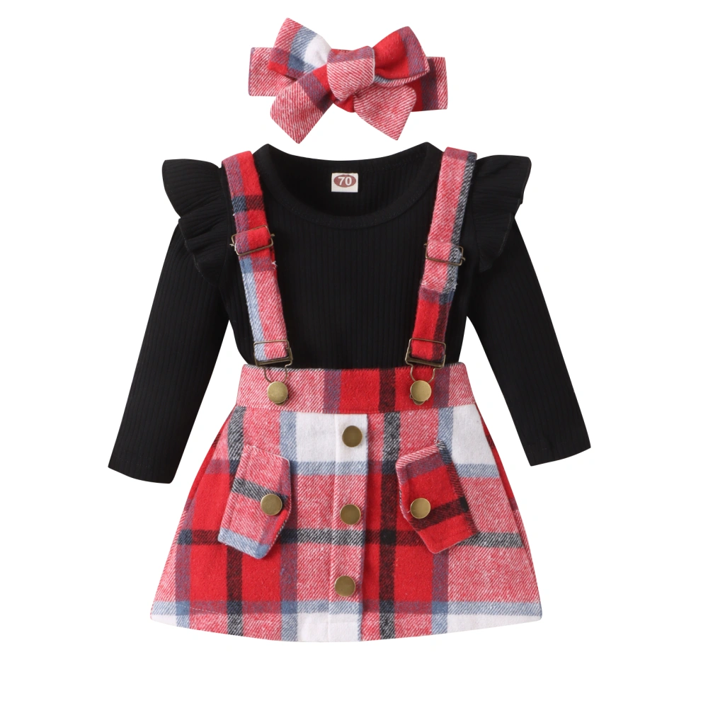 Baby Girls Fall Outfits Romper + Plaid Suspender Skirt + Headband