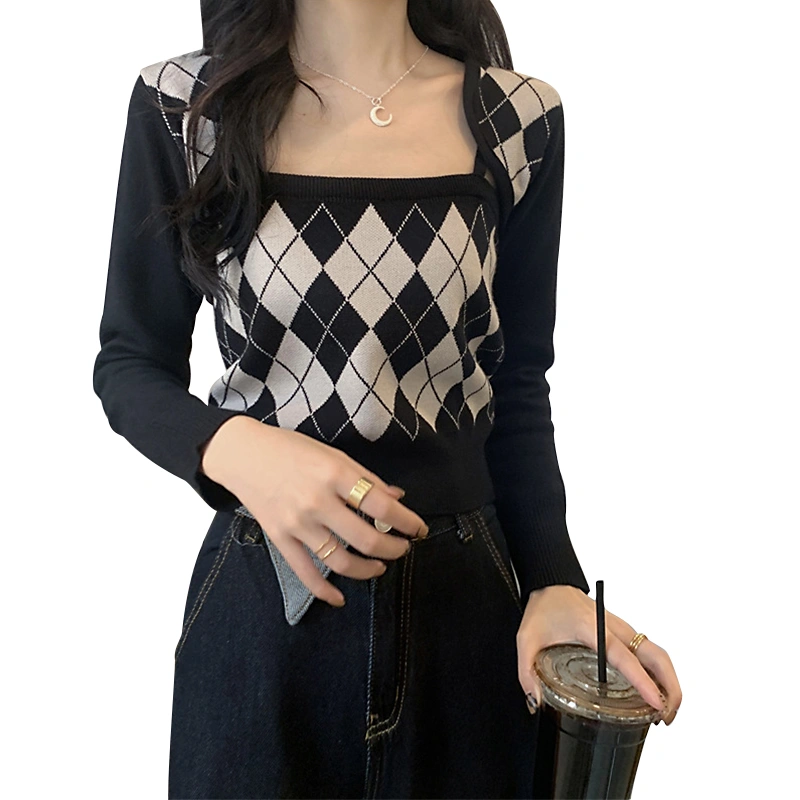 Women Fall Outfit, Rhomboid Pattern Cardigan Matching Strappy Vest