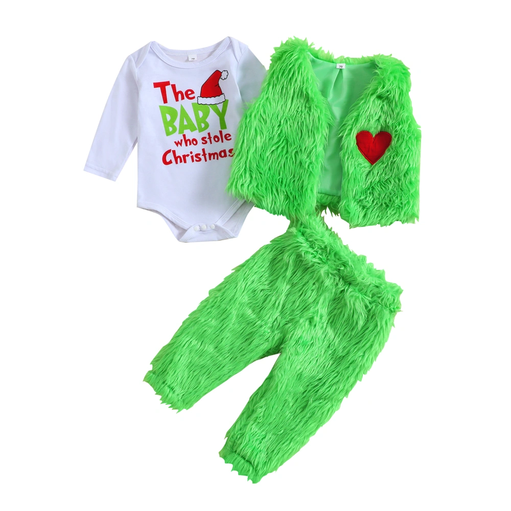 Baby Girl Boy Fall Outfits Letter Print Rompers Green Fur Vests Pants