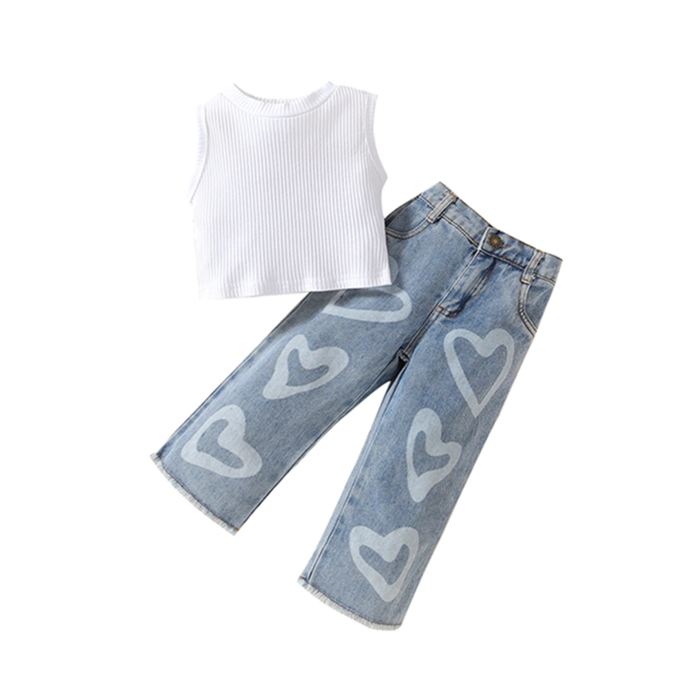 Kids Girls Clothes Solid Color Ribbed Tank Tops and Heart Print Jeans