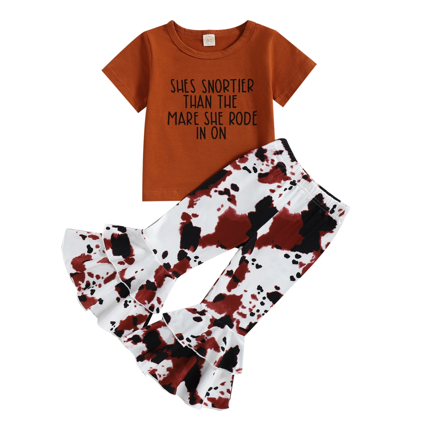 Girl 2Pcs Summer Outfits, Letter T-Shirt + Cow Print Flare Pants