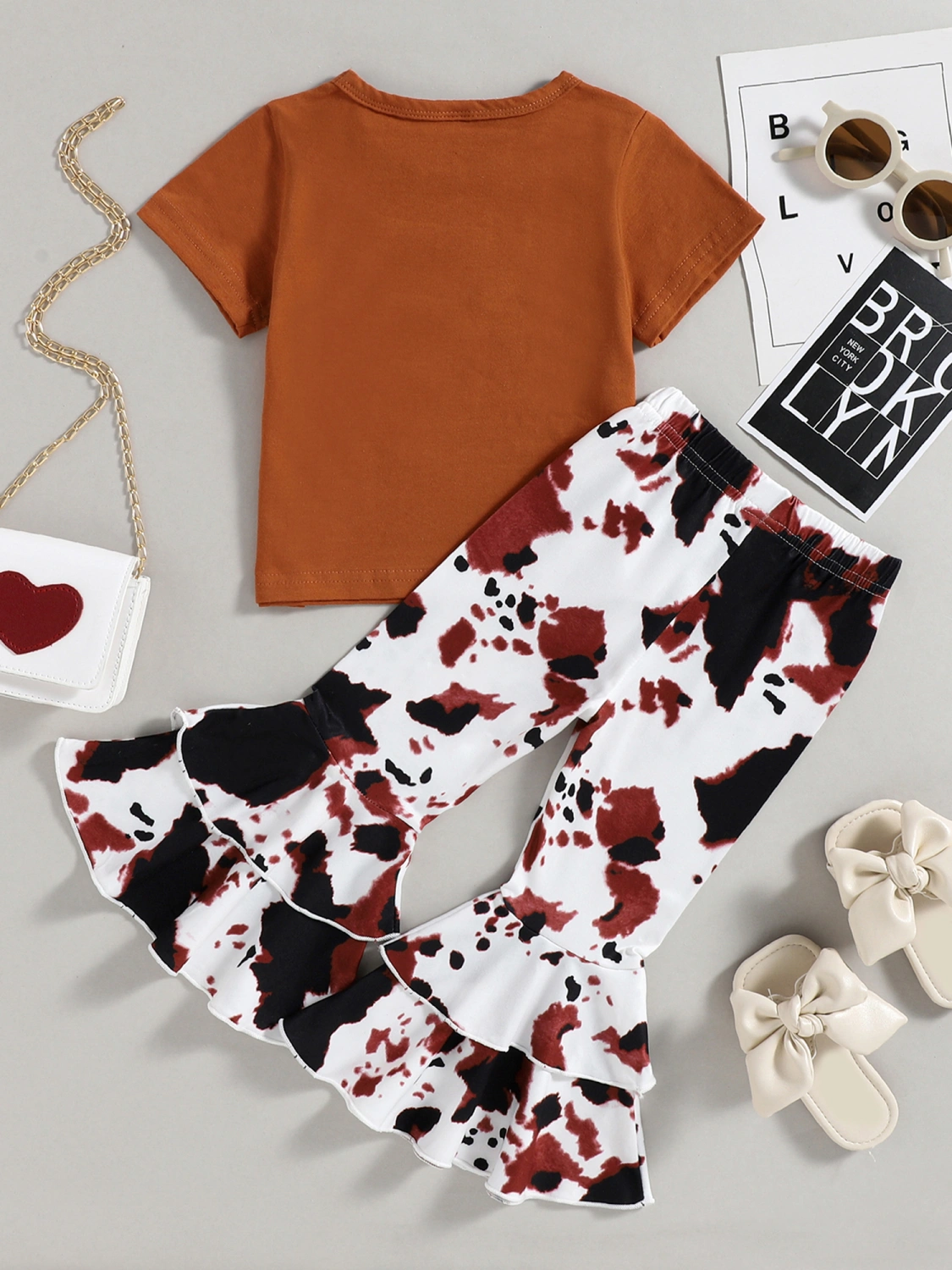 Girl 2Pcs Summer Outfits, Letter T-Shirt + Cow Print Flare Pants