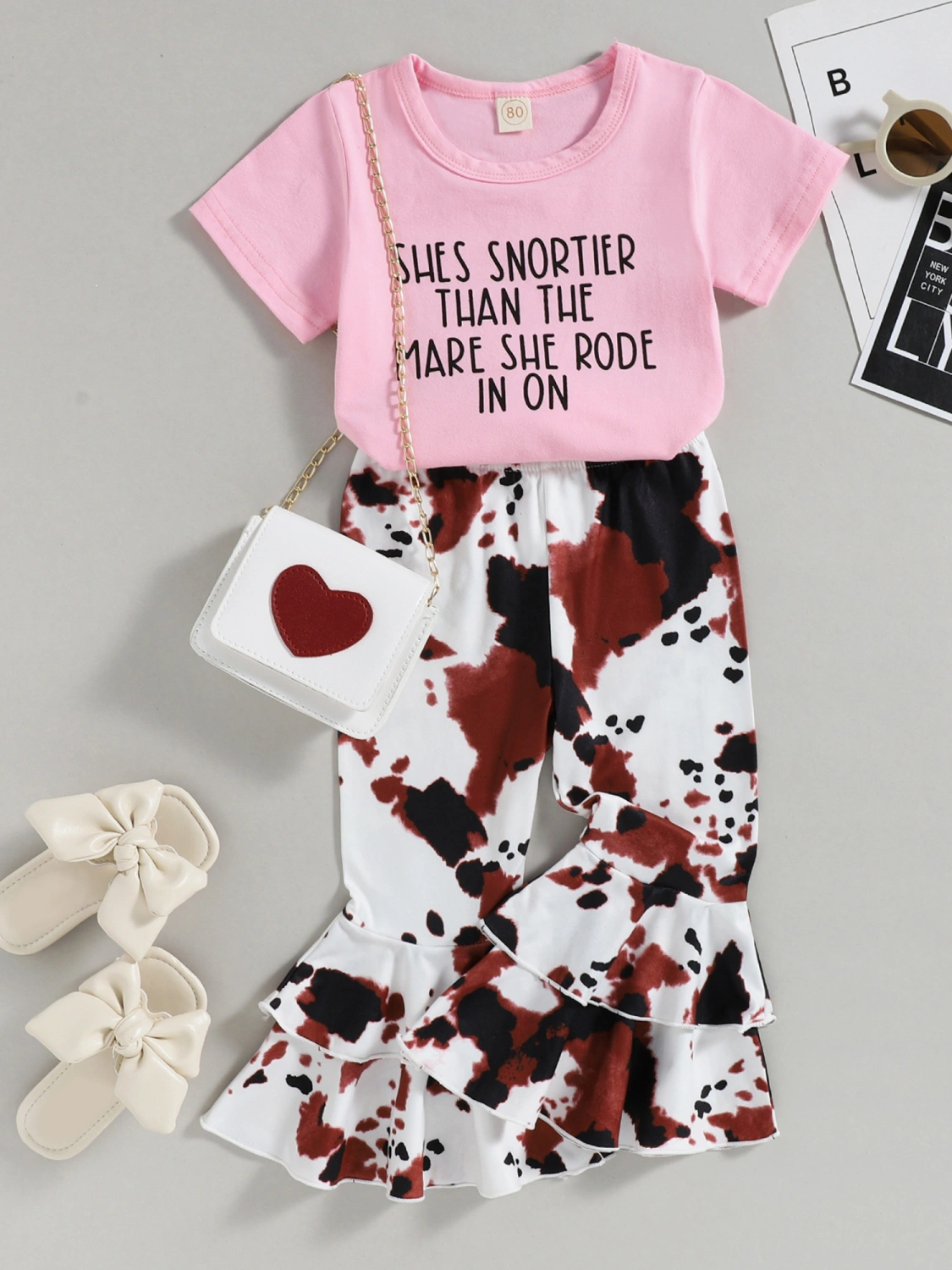 Girl 2Pcs Summer Outfits, Letter T-Shirt + Cow Print Flare Pants