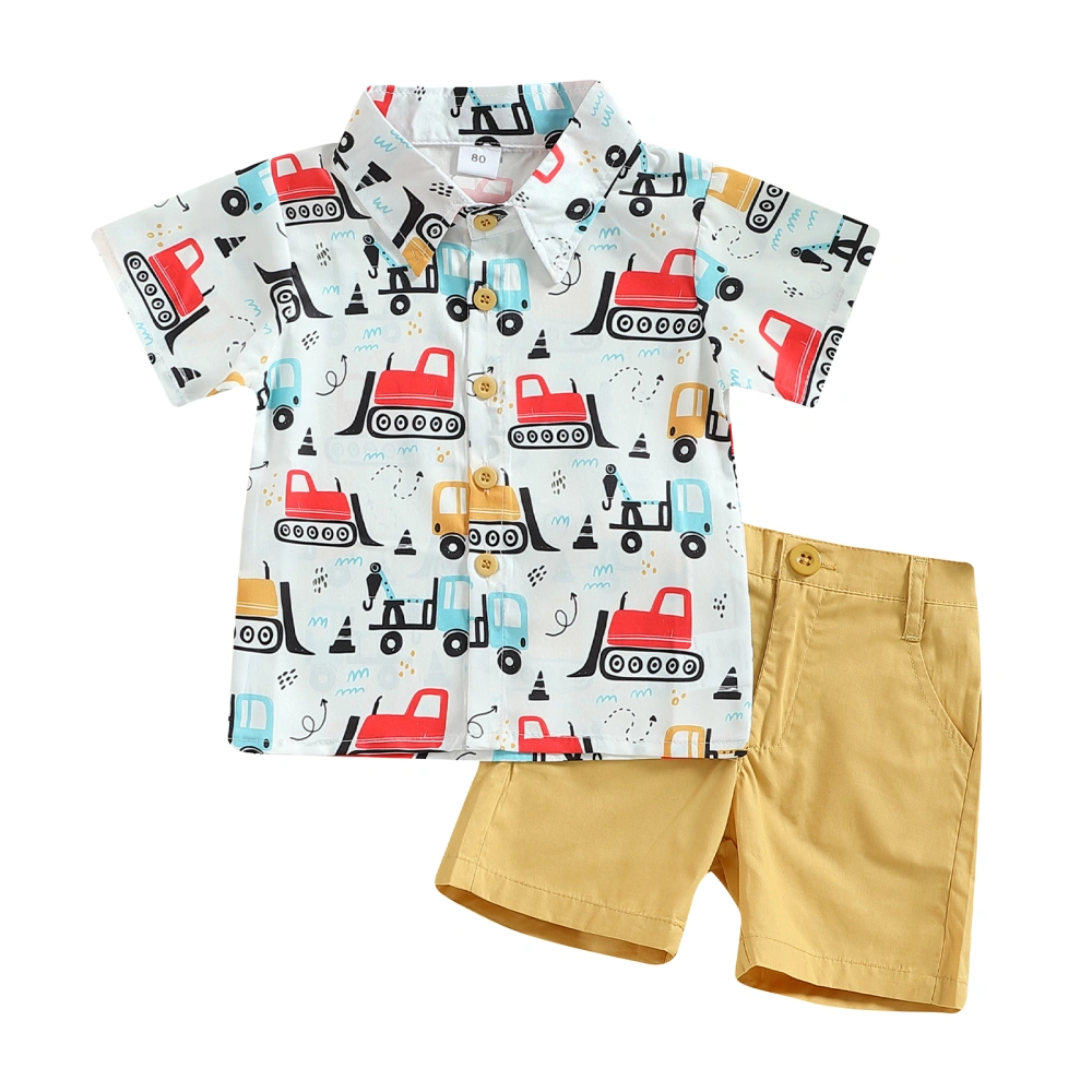 Boys Short Sleeve Lapel Cartoon Car Print Shirt + Solid Color Shorts