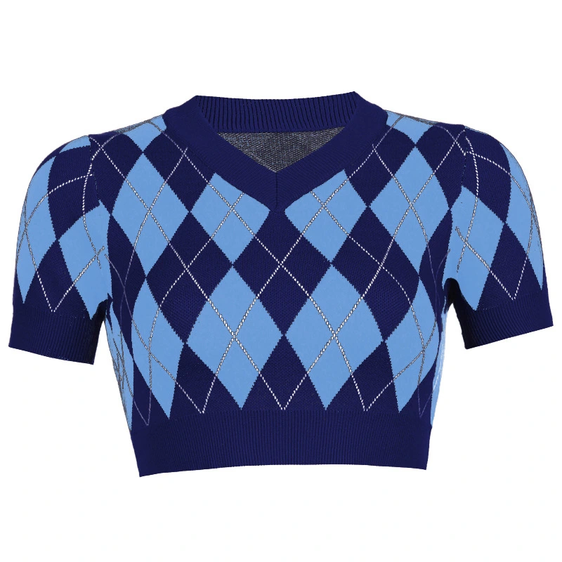 Women Knitted T-shirt, Argyle Print V-neck Short Sleeve Crop Tops