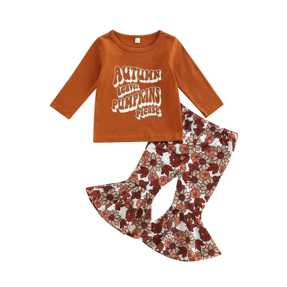 Baby Girl Letter Print Long Sleeve Tops + Flower Flare Trousers