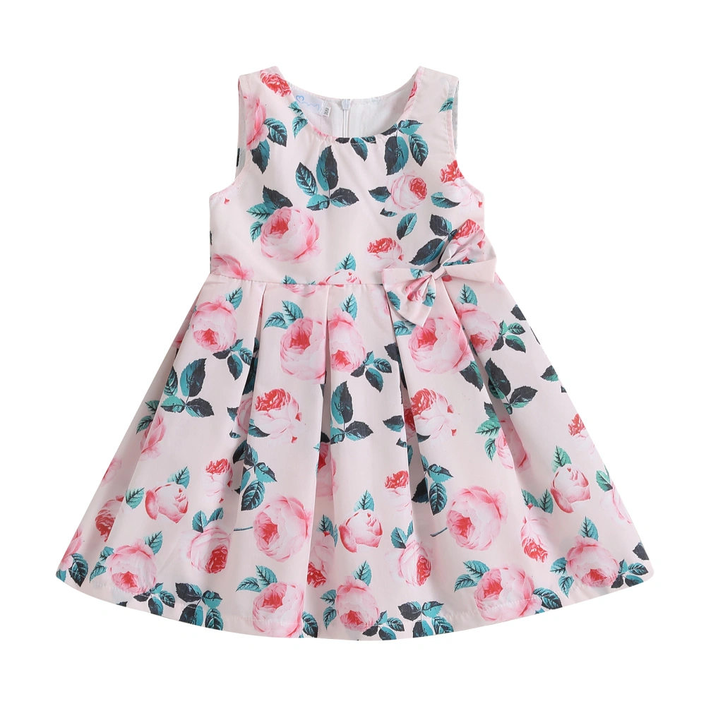 Girls A-line Dress, Sleeveless Flower Print Bowknot Summer Dress