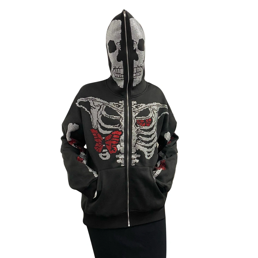 Rhinestones Skull Butterfly Skeleton Print Long Sleeve Hooded Jacket