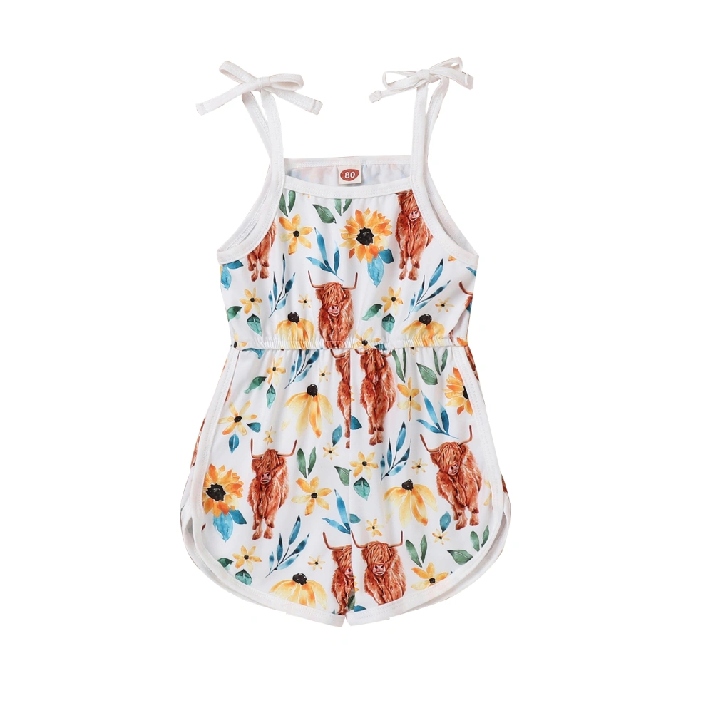 Baby Girls Summer Romper, Spaghetti Strap Cartoon Print Strap Bodysuit