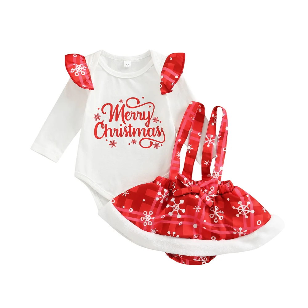 Kids Christmas Skirt Ruffle Romper Tops + Suspender Half Dress