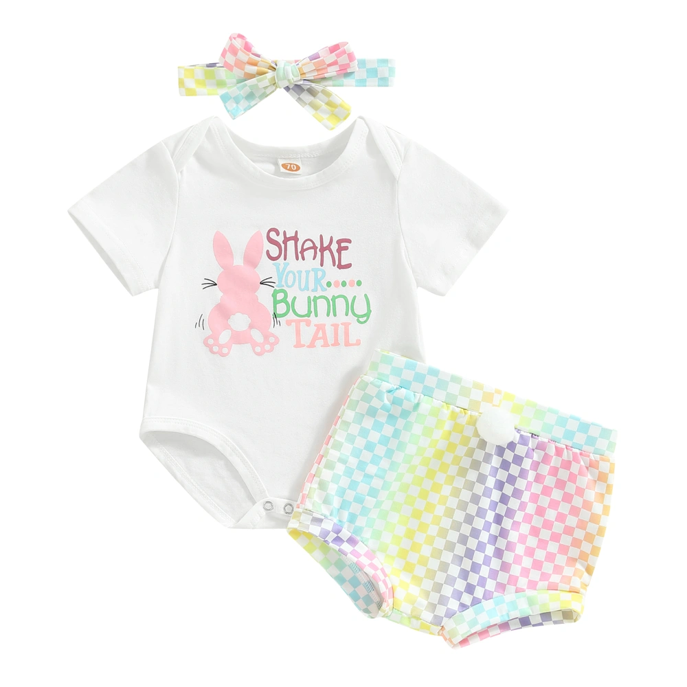 Baby Letter Print Short Sleeve Romper + Checkerboard Shorts + Headband