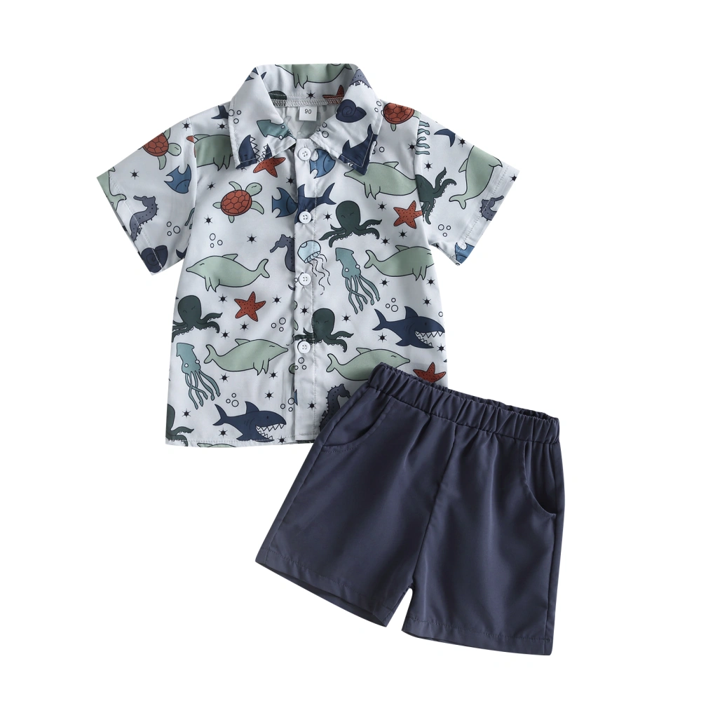 Boy Lapel Cartoon Fish Print Shirt + Casual Party Short Trousers 