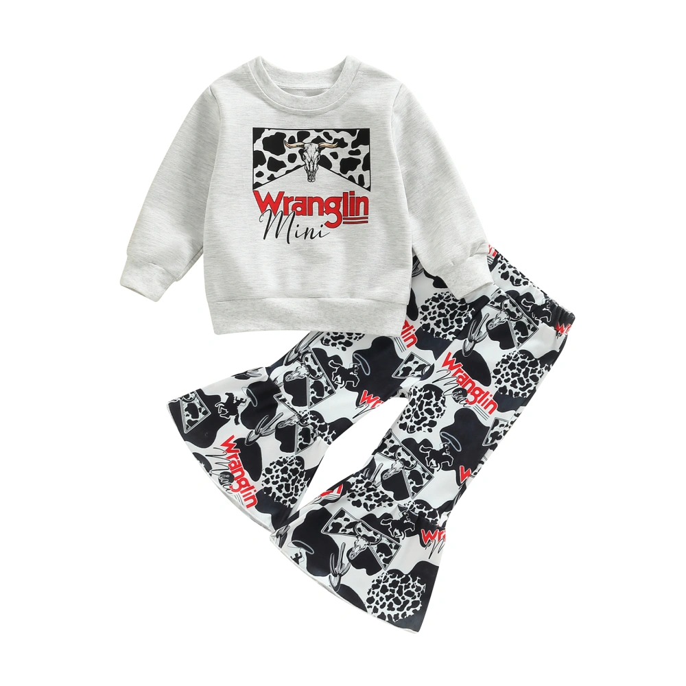 Girls Trousers Outfits Cow Lettering Print Sweatshirt and Flare Pants 