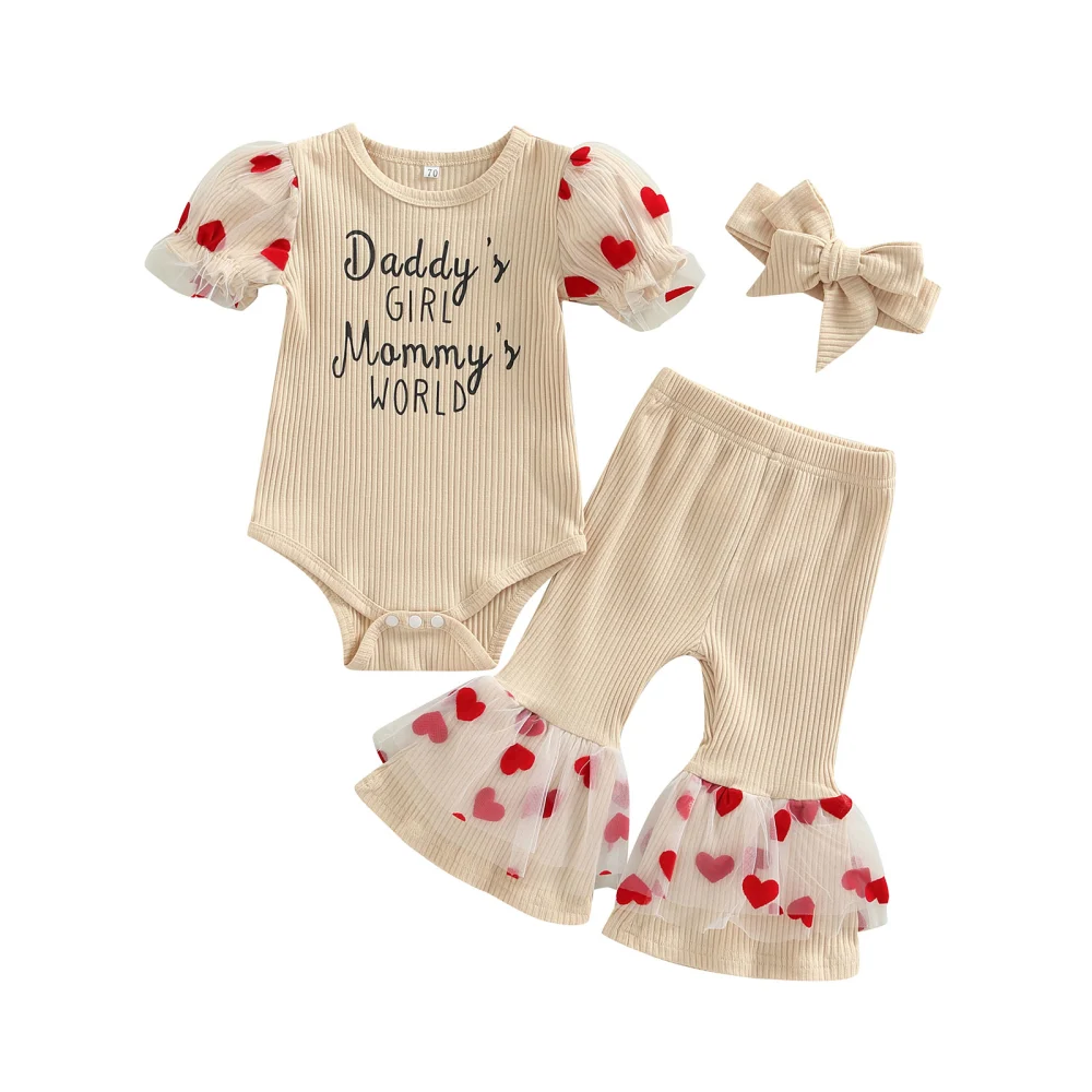 Baby Girl Outfit, Letter Print Romper Heart Mesh Flared Pants Headband