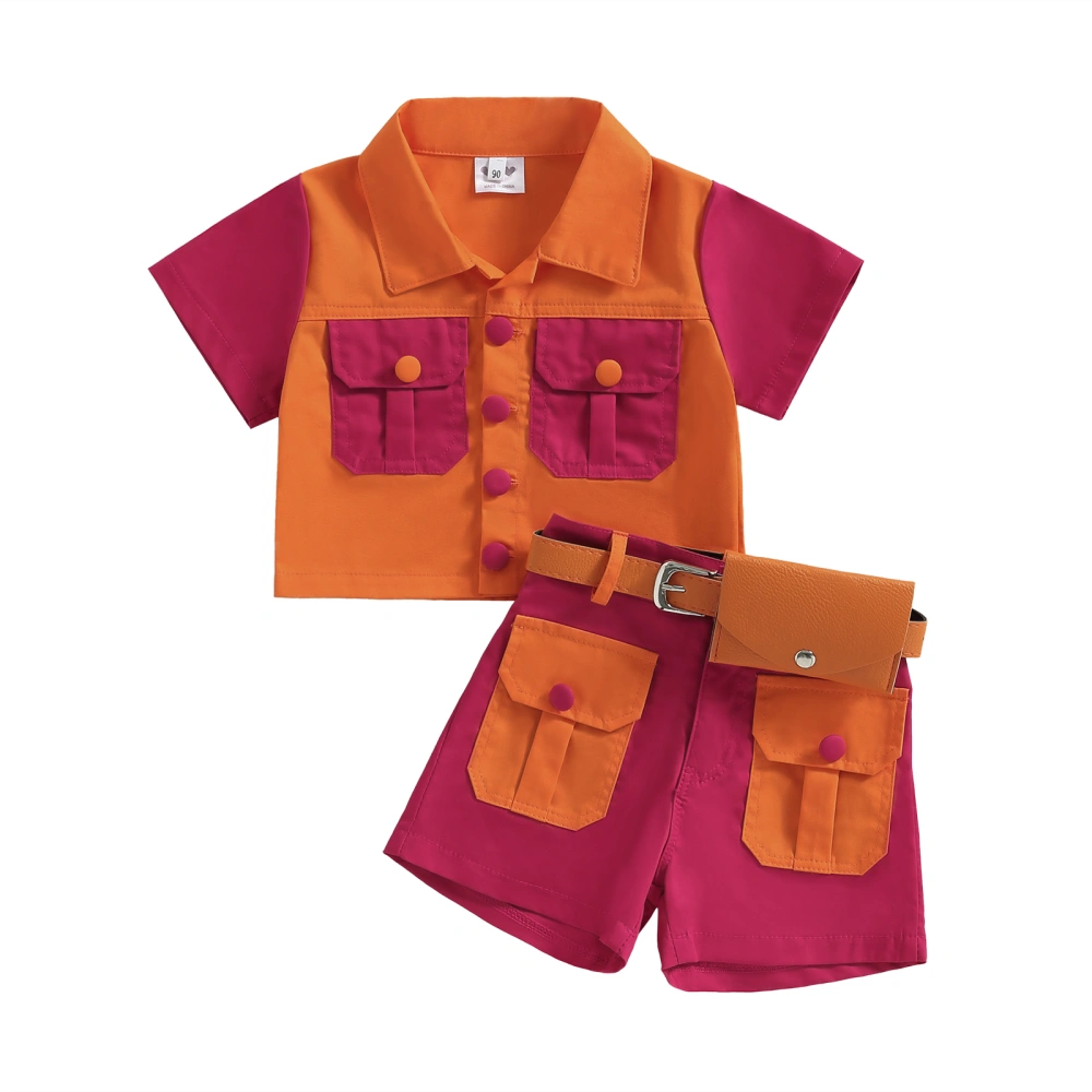 Girl 2Pcs Summer Outfits, Contrast Color Shirt + Belted Shorts Set