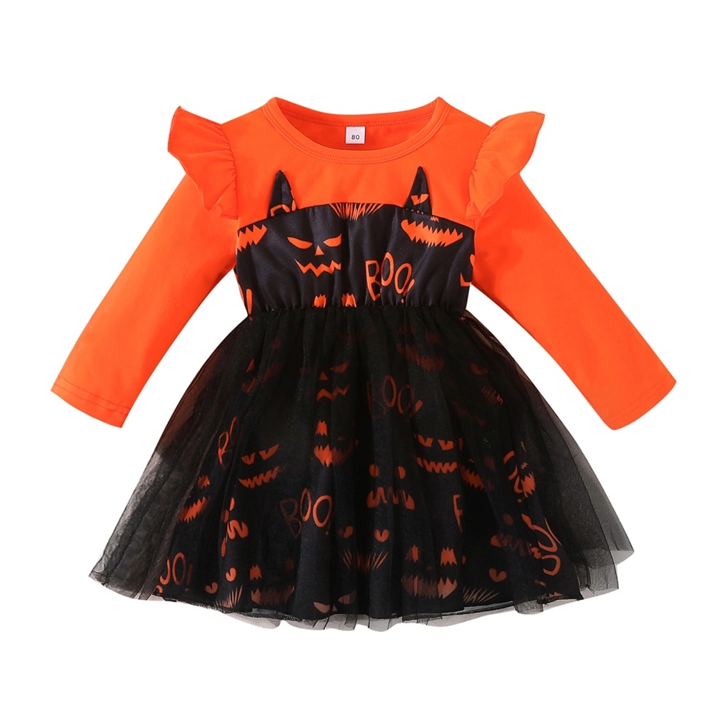 Halloween Girls Dress, Long Sleeve Bat Print Fall A-line Tulle Dress