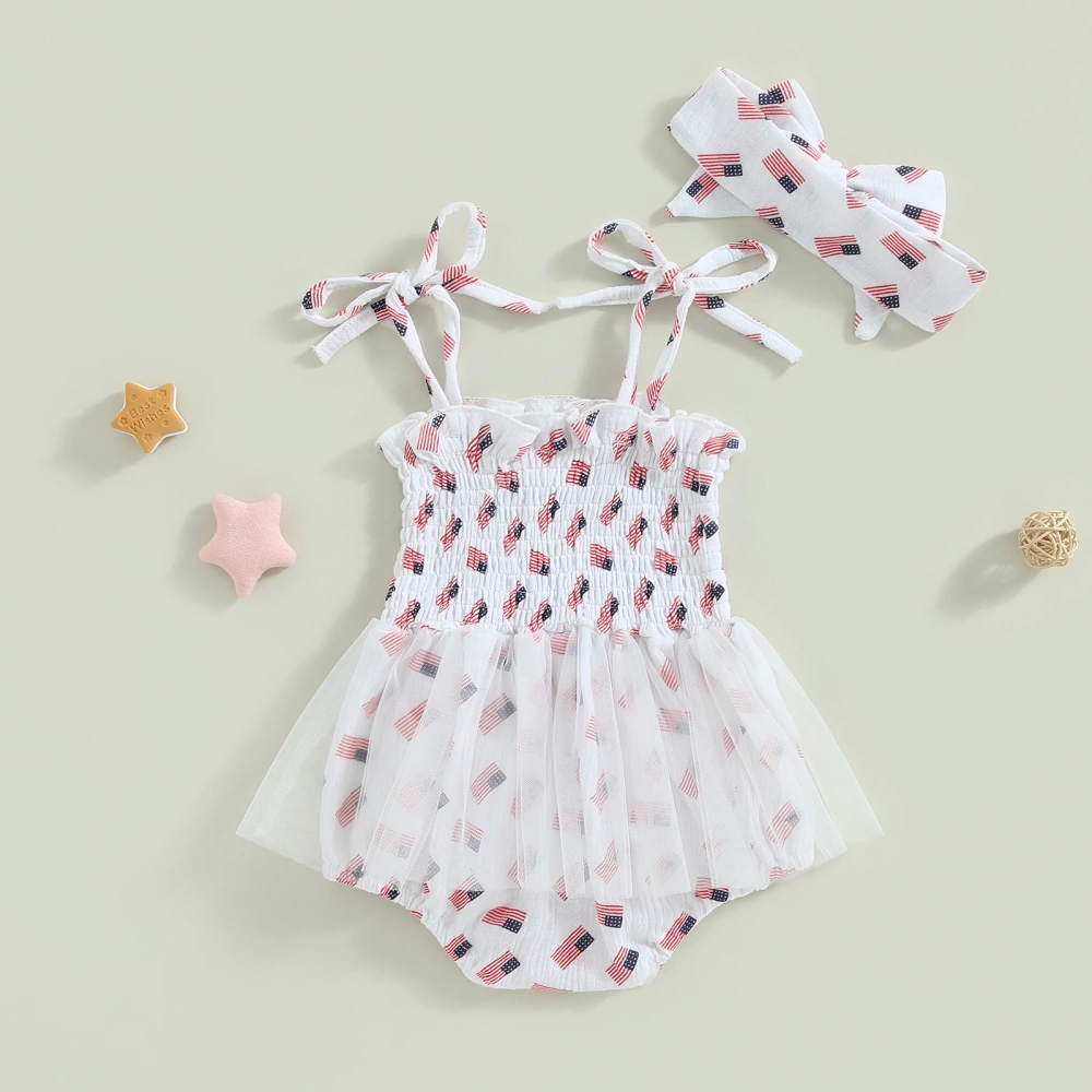 Baby Girl 4th of July Outfits, Flag Print Romper with Headband