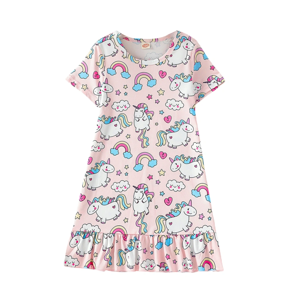 Toddler Girl Summer Dress, Short Sleeve Round Neck Cartoon Print Dress