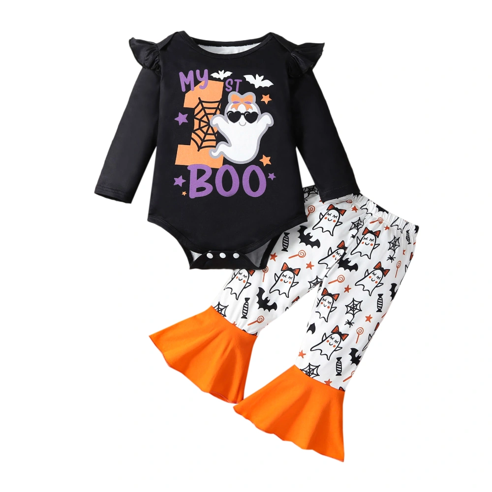 Baby Girl Fall Outfits Letter Ghost Spider Web Bat Print Rompers Pants