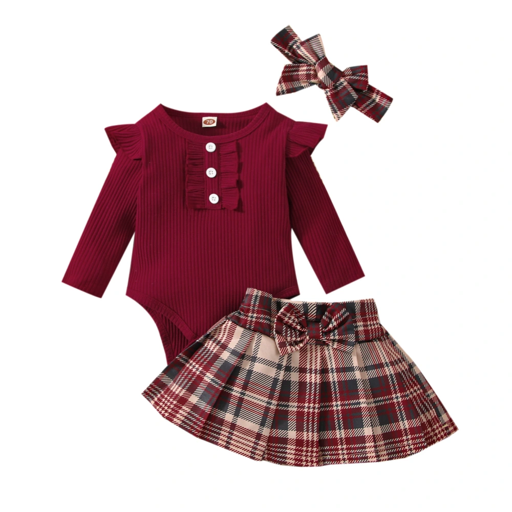 3Pcs Baby Girls Outfit, Long Sleeve Romper + Plaid Skirt + Headband